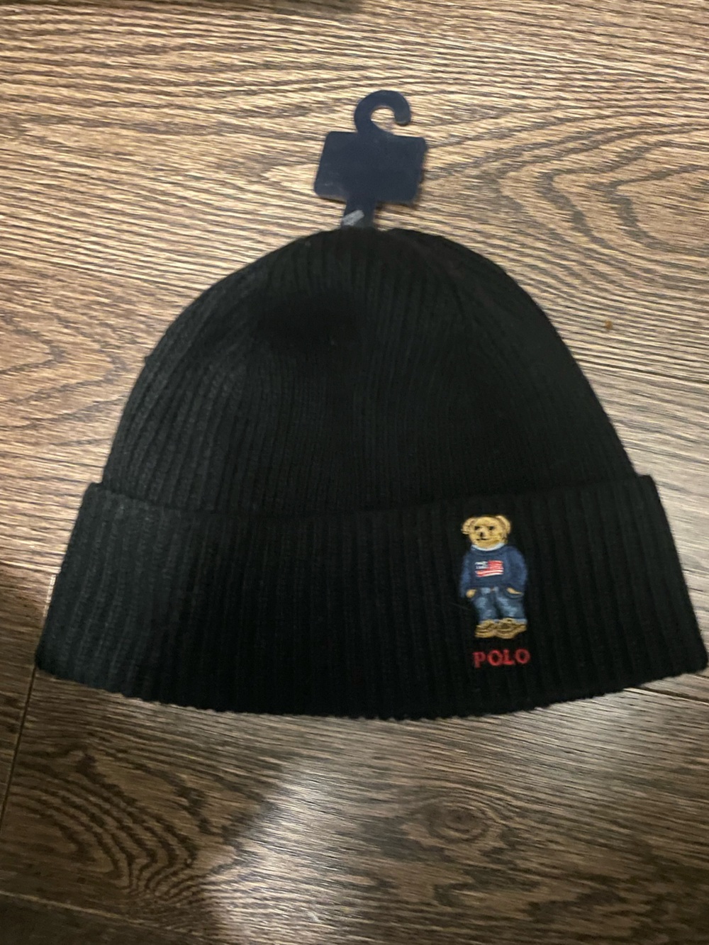 Polo by Ralph Lauren Black Ribbed Knit Beanie with Bear Patch